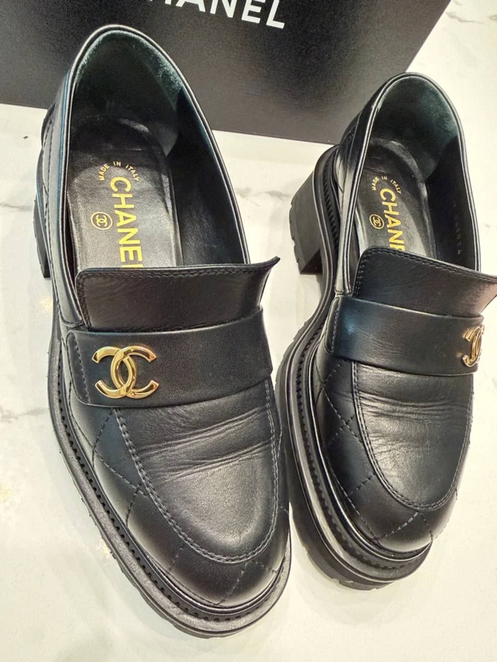 CHANEL Black Quilted Leather Platform Loafers with Gold CC Hardware - Picture 3 of 5
